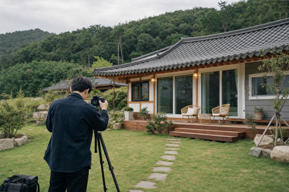 정돈된 전원주택 앞에서 삼각대에 카메라를 맞추는 촬영 장면 — 분위기를 보여 주는 예시 이미지